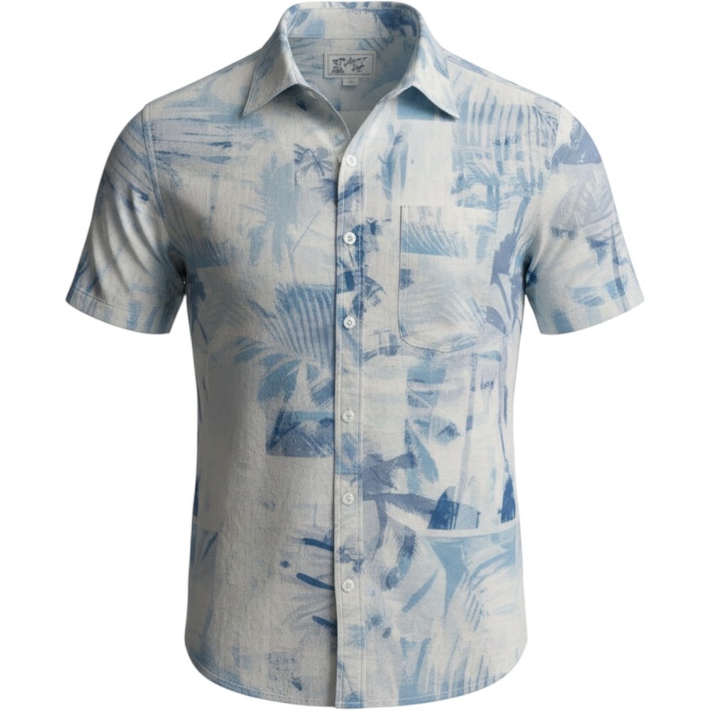 American Eagle Mens Tropical Palm Tree Short Sleeve Button Down Shirt Large Blue